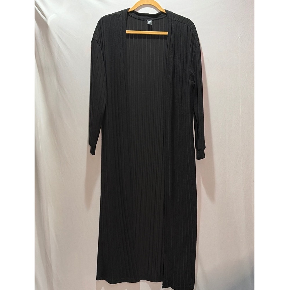SHEIN Black Ribbed Knit Longline Duster Open Front Cardigan Size Medium